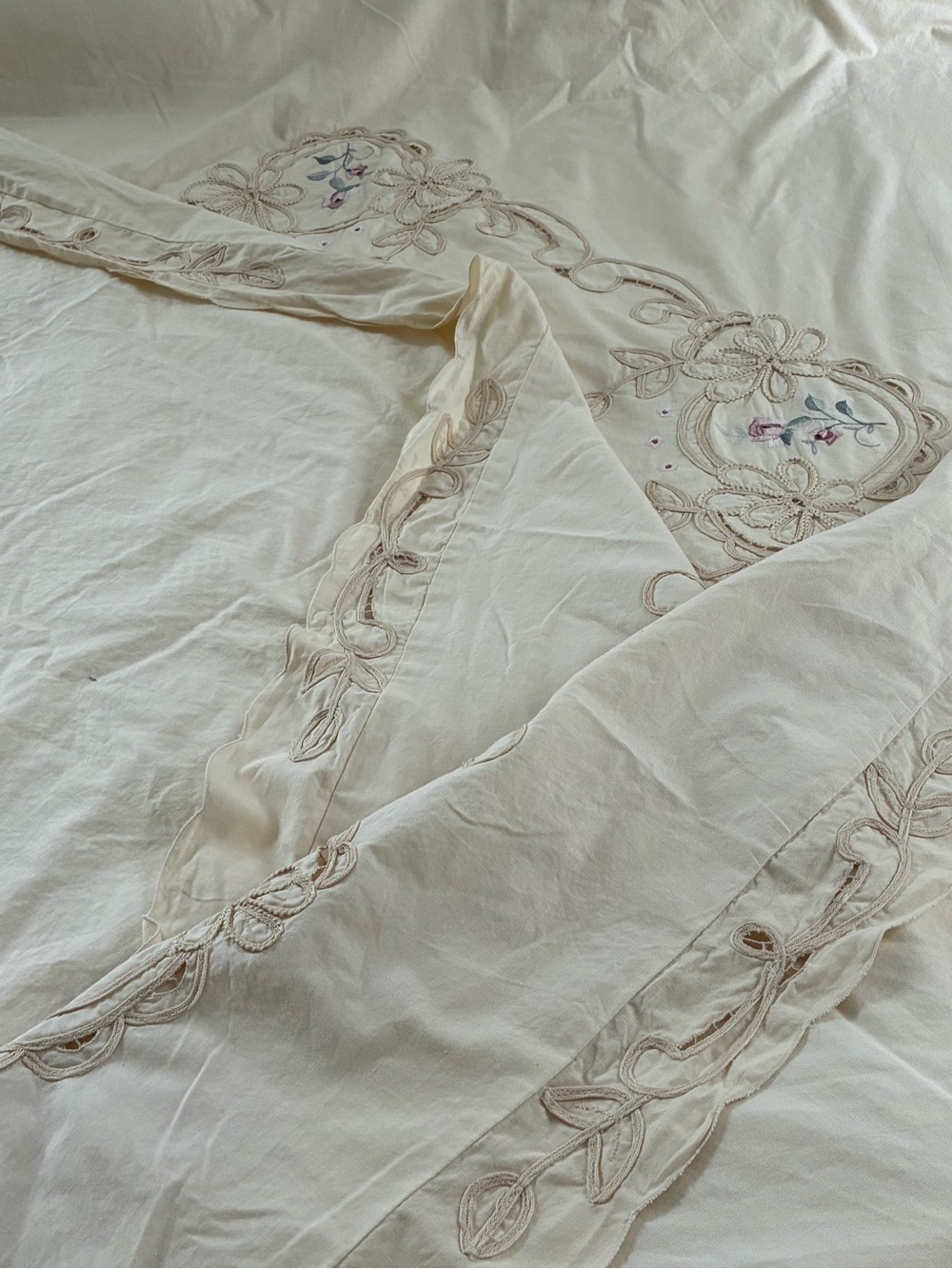 Duvet Cover Twin Size Battenberg Lace Embroidered Cream Color Vintage - Picture 6 of 10